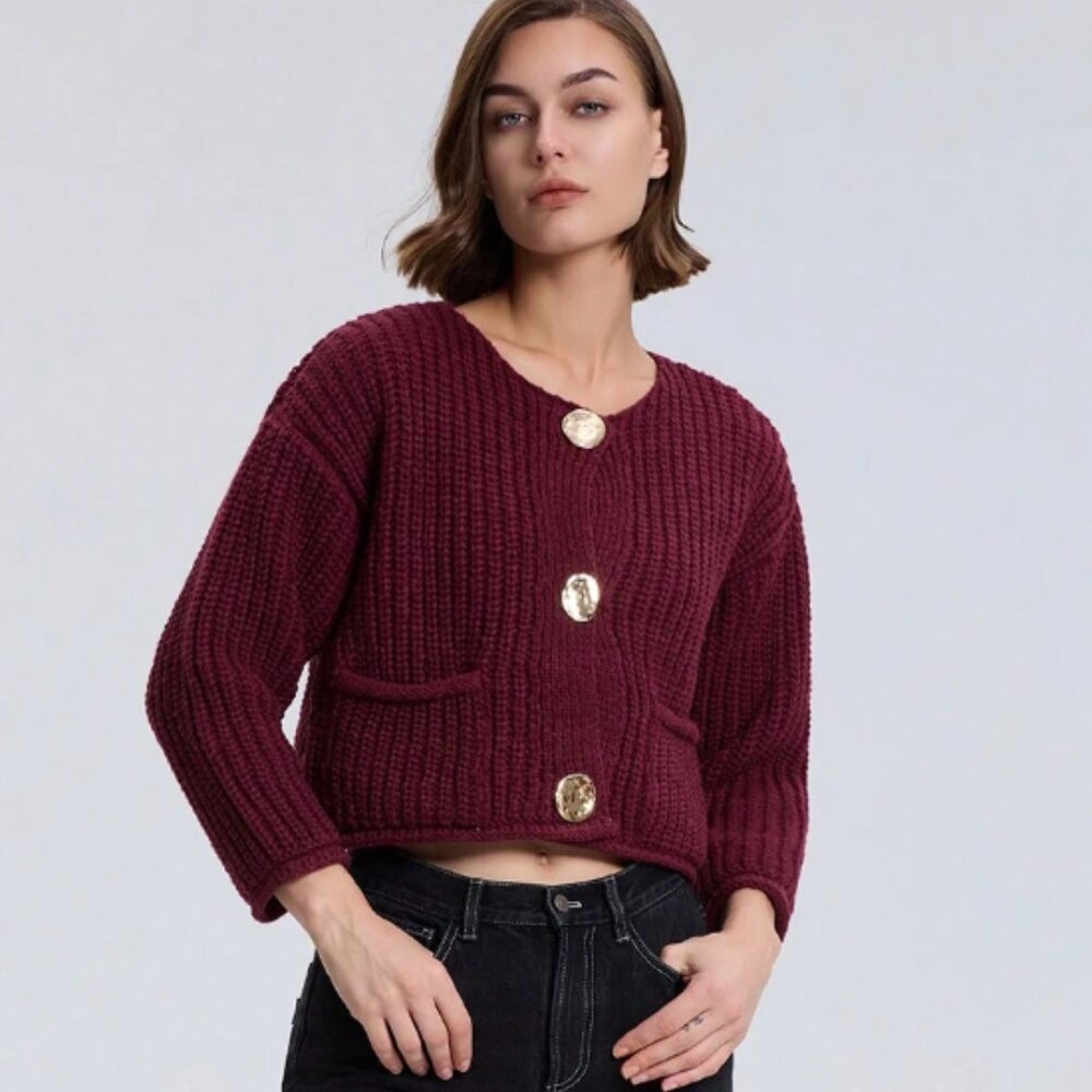 Chunky Burgundy Ribbed Knit Cardigan